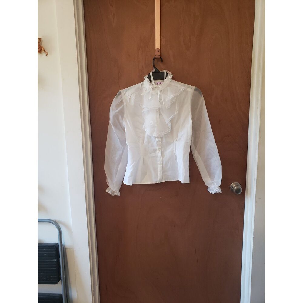Japanese Princess Style Blouse White High Neck Lace Chiffon Union Label VTG M/L
